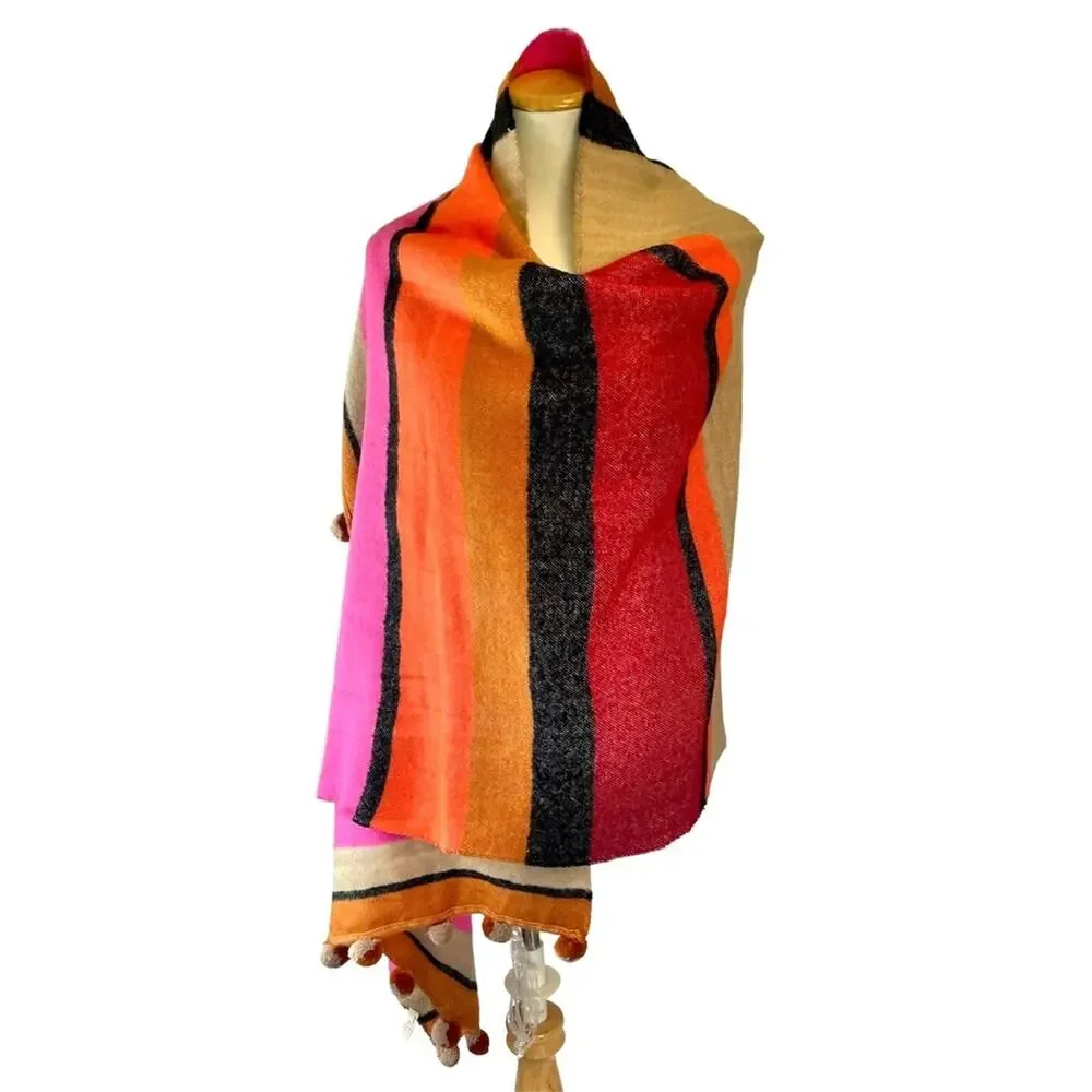 Nordstrom Women's Soft Plush Blanket Scarf Pompoms Pink Orange Black Tan Stripe